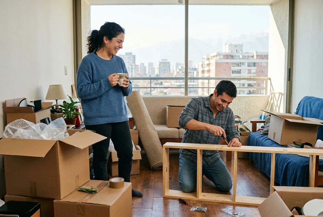 Pareja desempaca cajas en el living de su primer departamento