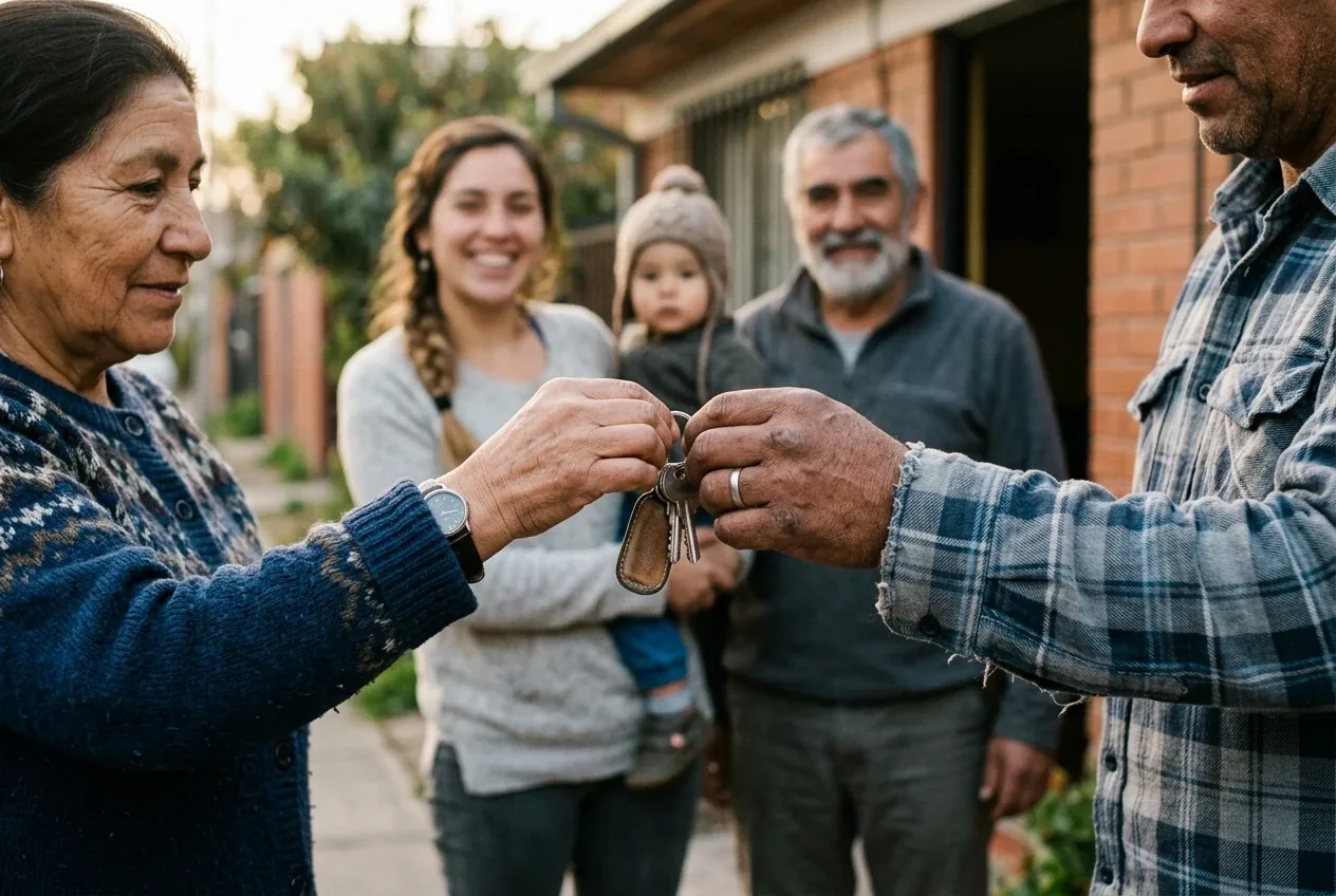 Entrega de llaves con la familia esperando en la puerta